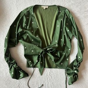 For Love & Lemons Green Silk Front Tie Polka Dot Cropped Blouse - Size XS